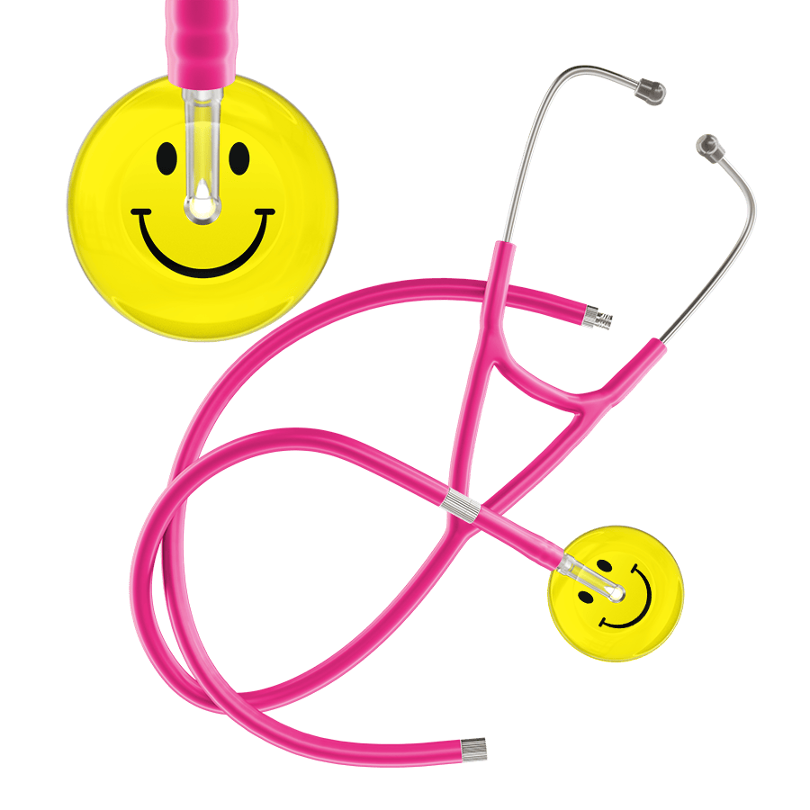 Ultrascope Single Stethoscope Smiley Face Lemon (LM) / Pediatric / Hot Pink Extended Tubing Light Smiley Face Cardiology Stethoscope