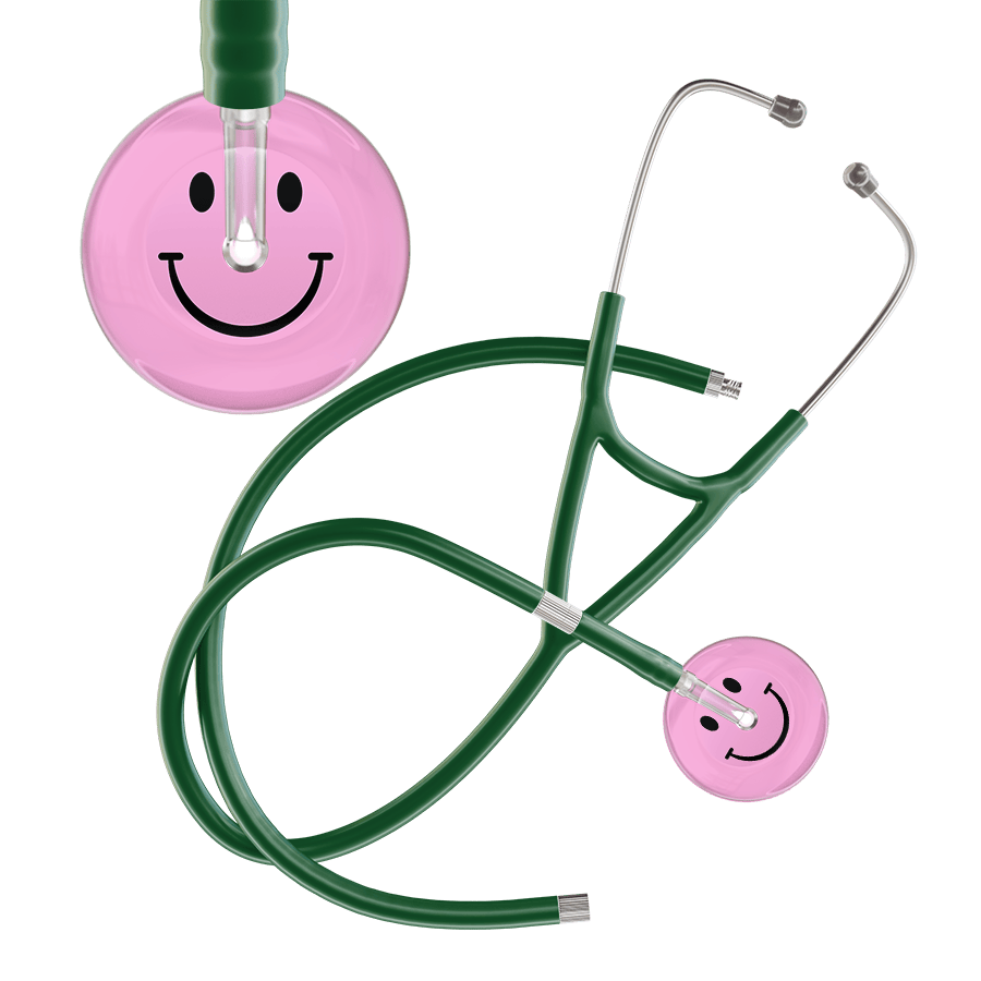 Ultrascope Single Stethoscope Smiley Face Light Pink (LP) / Adult / Dark Green Extended Tubing Light Smiley Face Cardiology Stethoscope