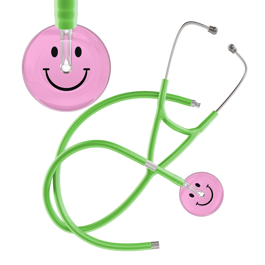 Ultrascope Single Stethoscope Smiley Face Light Pink (LP) / Adult / Lime Green Extended Tubing Light Smiley Face Cardiology Stethoscope