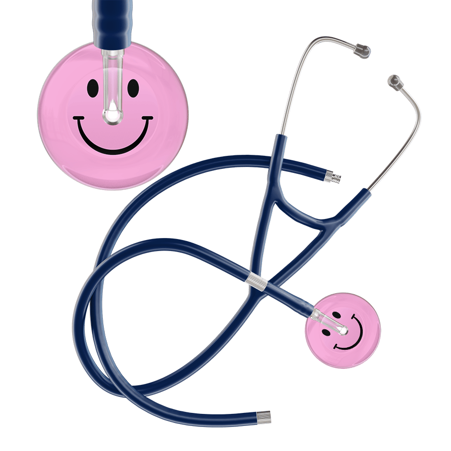 Ultrascope Single Stethoscope Smiley Face Light Pink (LP) / Adult / Navy Extended Tubing Light Smiley Face Cardiology Stethoscope