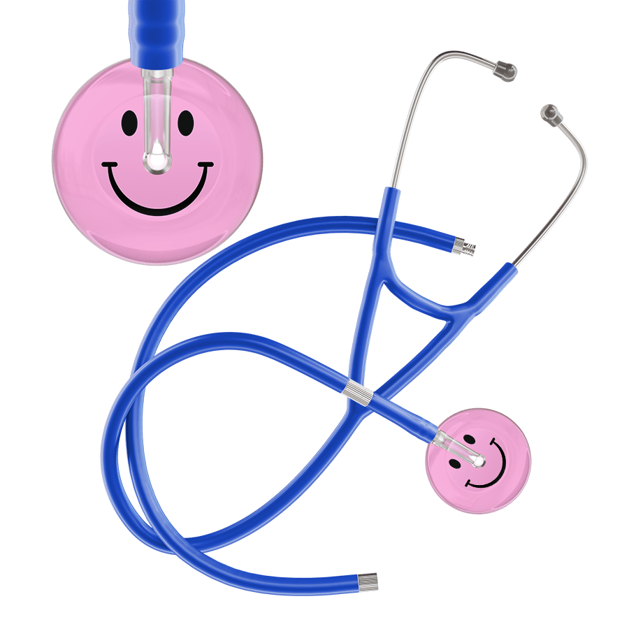 Ultrascope Single Stethoscope Smiley Face Light Pink (LP) / Adult / Royal Blue Extended Tubing Light Smiley Face Cardiology Stethoscope