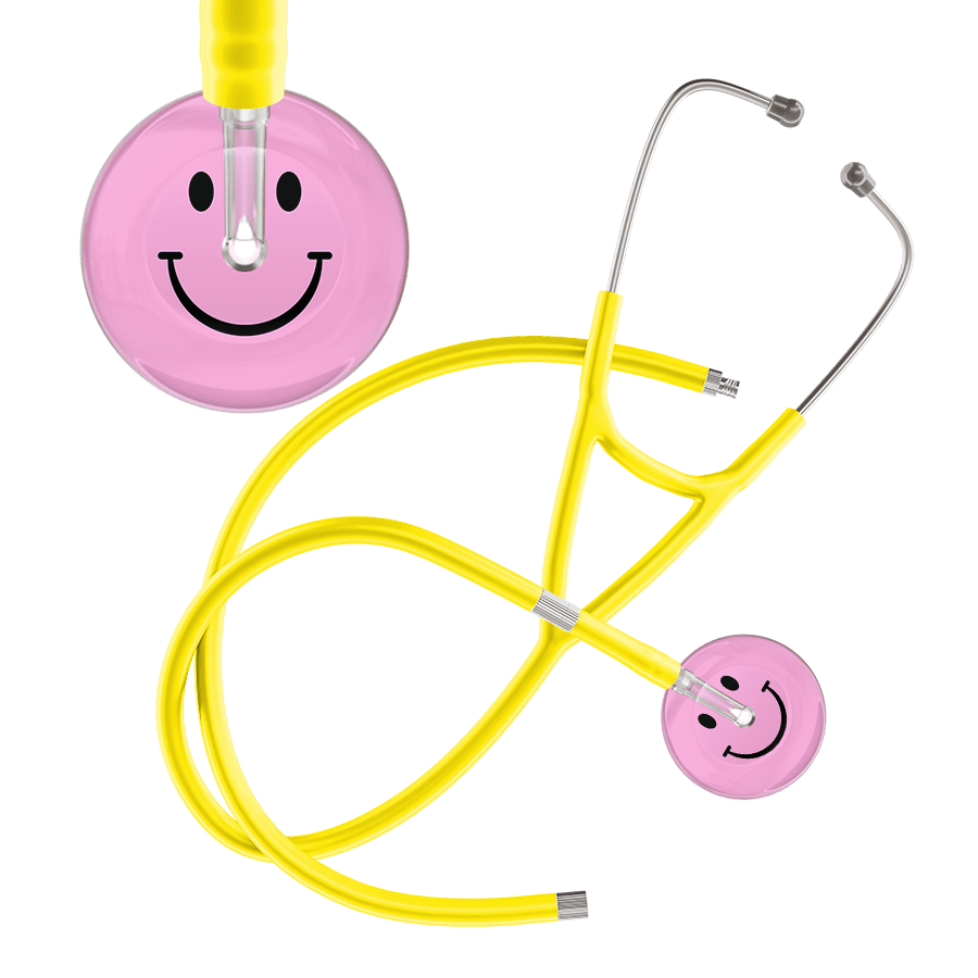Ultrascope Single Stethoscope Smiley Face Light Pink (LP) / Adult / Yellow Extended Tubing Light Smiley Face Cardiology Stethoscope