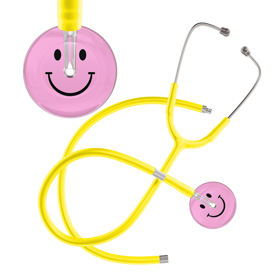 Ultrascope Single Stethoscope Smiley Face Light Pink (LP) / Adult / Yellow Extended Tubing Light Smiley Face Stethoscope
