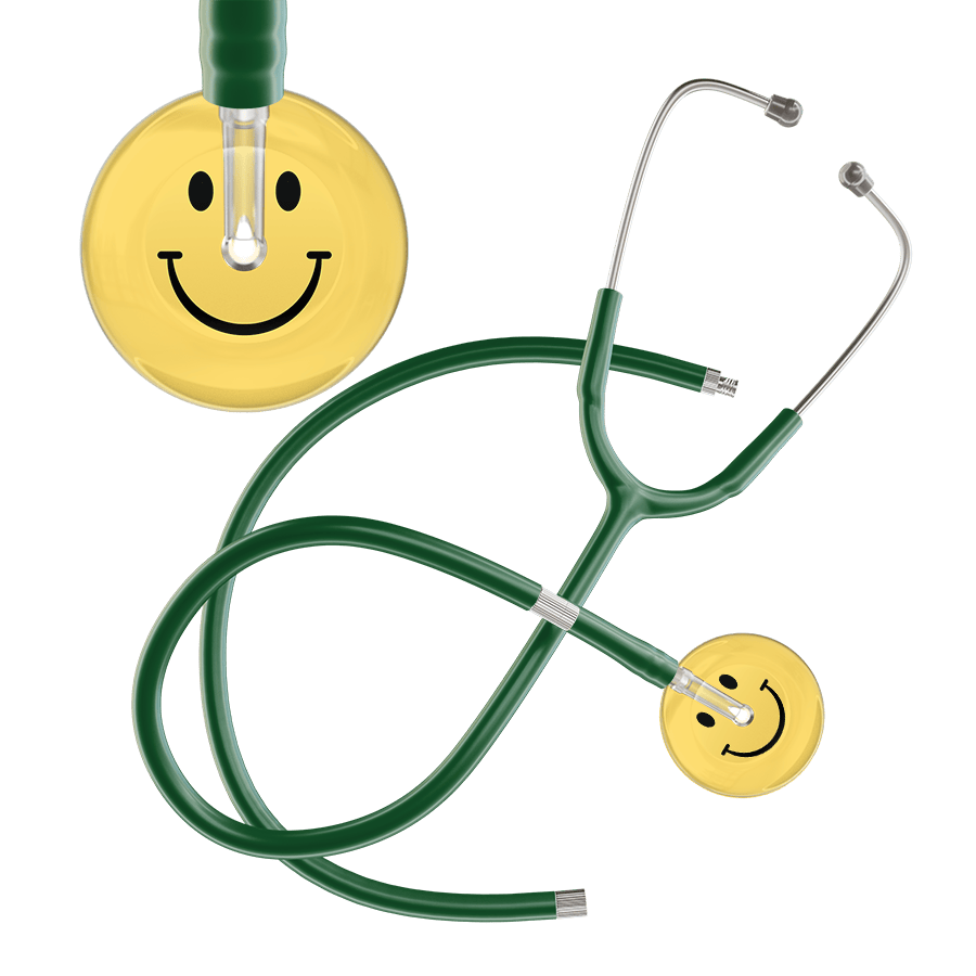 Ultrascope Single Stethoscope Smiley Face Yellow (LY) / Adult / Dark Green Extended Tubing Light Smiley Face Stethoscope