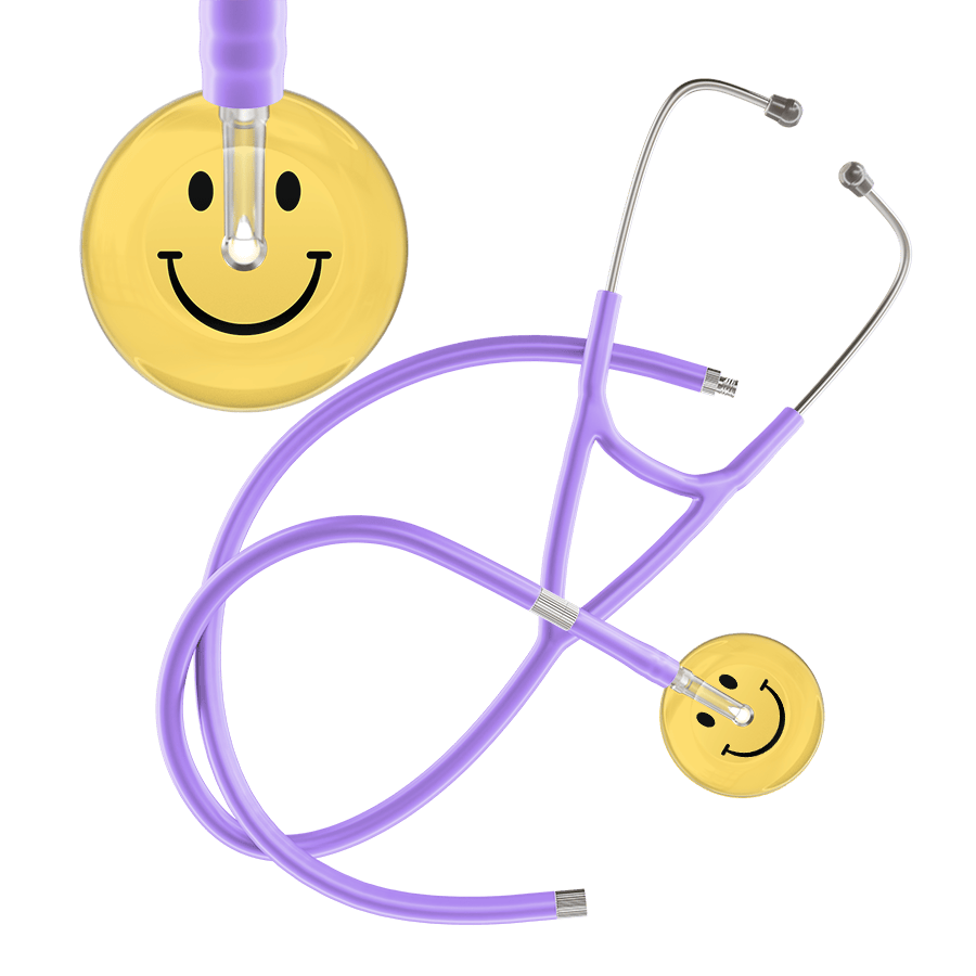 Ultrascope Single Stethoscope Smiley Face Yellow (LY) / Adult / Lavender Extended Tubing Light Smiley Face Cardiology Stethoscope