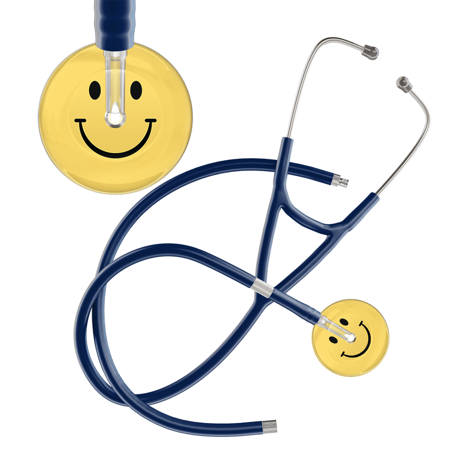 Ultrascope Single Stethoscope Smiley Face Yellow (LY) / Adult / Navy Extended Tubing Light Smiley Face Cardiology Stethoscope
