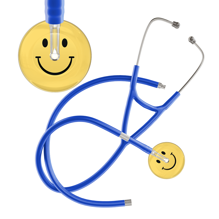 Ultrascope Single Stethoscope Smiley Face Yellow (LY) / Adult / Royal Blue Extended Tubing Light Smiley Face Cardiology Stethoscope