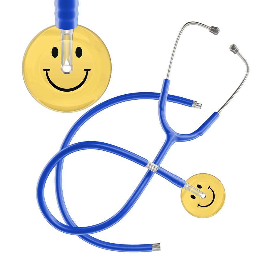 Ultrascope Single Stethoscope Smiley Face Yellow (LY) / Adult / Royal Blue Extended Tubing Light Smiley Face Stethoscope