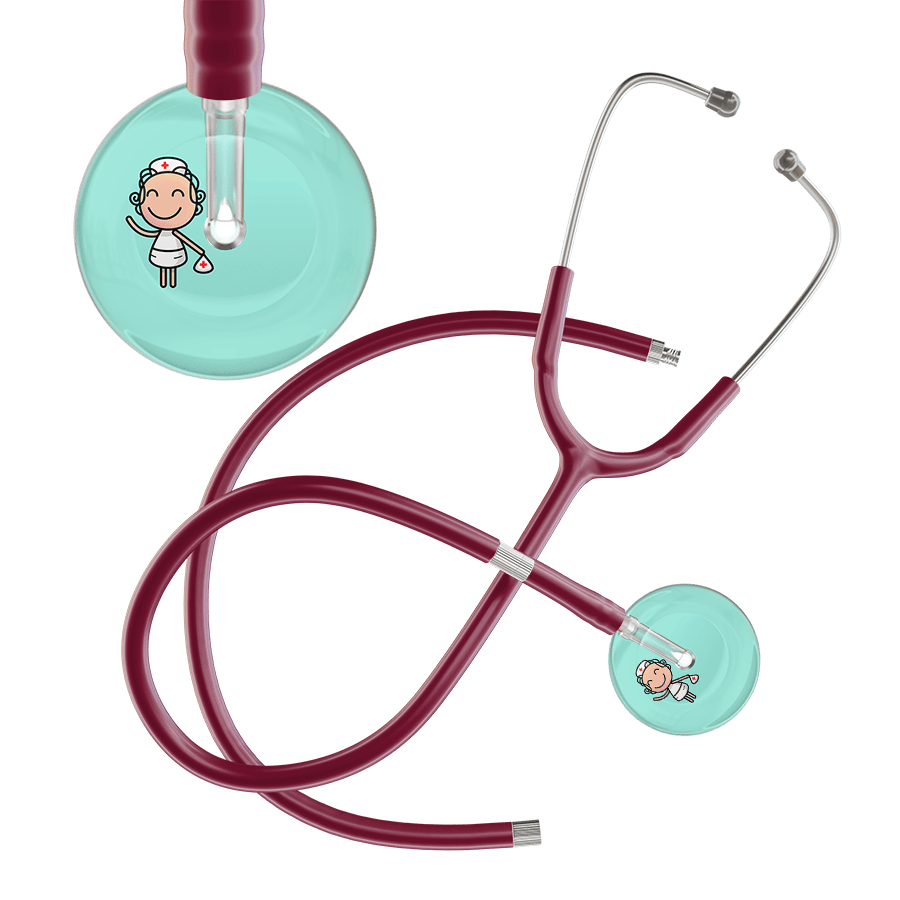Ultrascope Single Stethoscope Robin's Egg F2 Cartoon Nurse / Adult / Burgundy Extended Tubing Cartoon Nurse F2 Skin Stethoscope