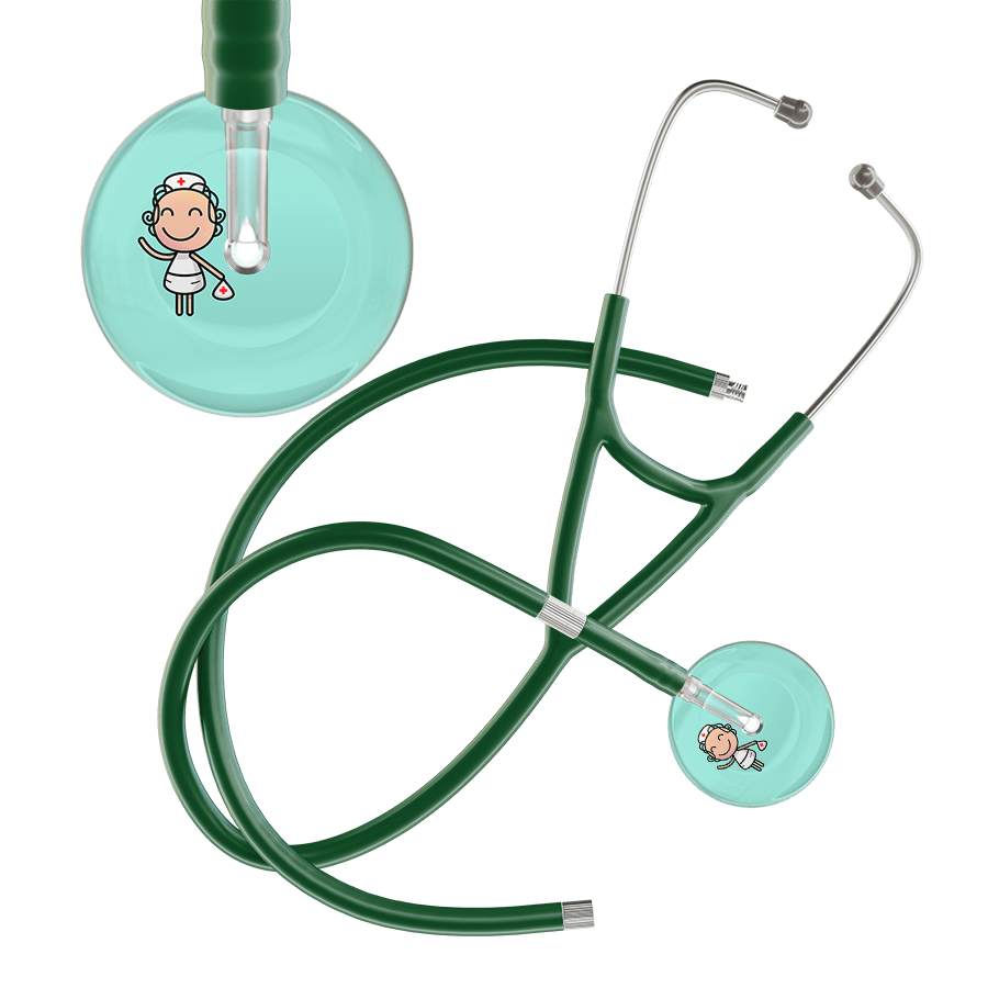 Ultrascope Single Stethoscope Robin's Egg F2 Cartoon Nurse / Adult / Dark Green Extended Tubing Cartoon Nurse F2 Skin Cardiology Stethoscope