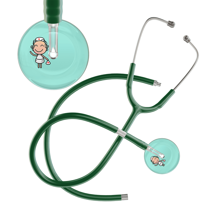 Ultrascope Single Stethoscope Robin's Egg F2 Cartoon Nurse / Adult / Dark Green Extended Tubing Cartoon Nurse F2 Skin Stethoscope