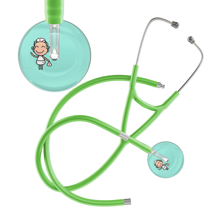 Ultrascope Single Stethoscope Robin's Egg F2 Cartoon Nurse / Adult / Lime Green Extended Tubing Cartoon Nurse F2 Skin Cardiology Stethoscope