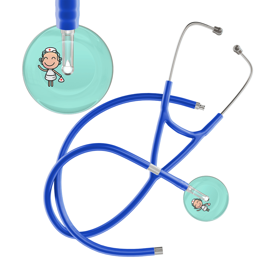 Ultrascope Single Stethoscope Robin's Egg F2 Cartoon Nurse / Adult / Royal Blue Extended Tubing Cartoon Nurse F2 Skin Cardiology Stethoscope