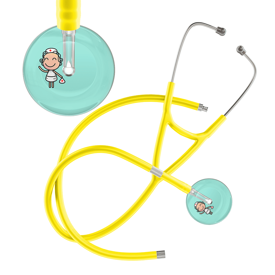 Ultrascope Single Stethoscope Robin's Egg F2 Cartoon Nurse / Adult / Yellow Extended Tubing Cartoon Nurse F2 Skin Cardiology Stethoscope