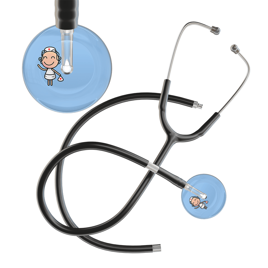 Ultrascope Single Stethoscope Light Blue F2 Cartoon Nurse / Adult / Black Extended Tubing Cartoon Nurse F2 Skin Stethoscope