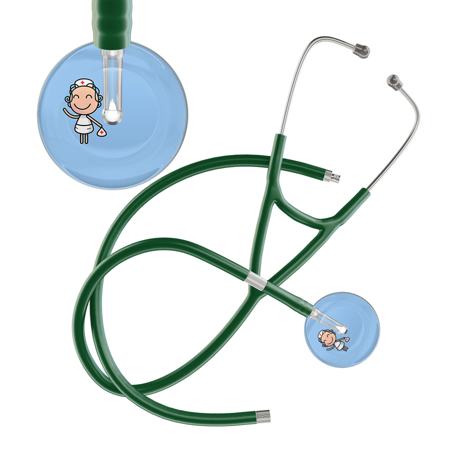 Ultrascope Single Stethoscope Light Blue F2 Cartoon Nurse / Adult / Dark Green Extended Tubing Cartoon Nurse F2 Skin Cardiology Stethoscope