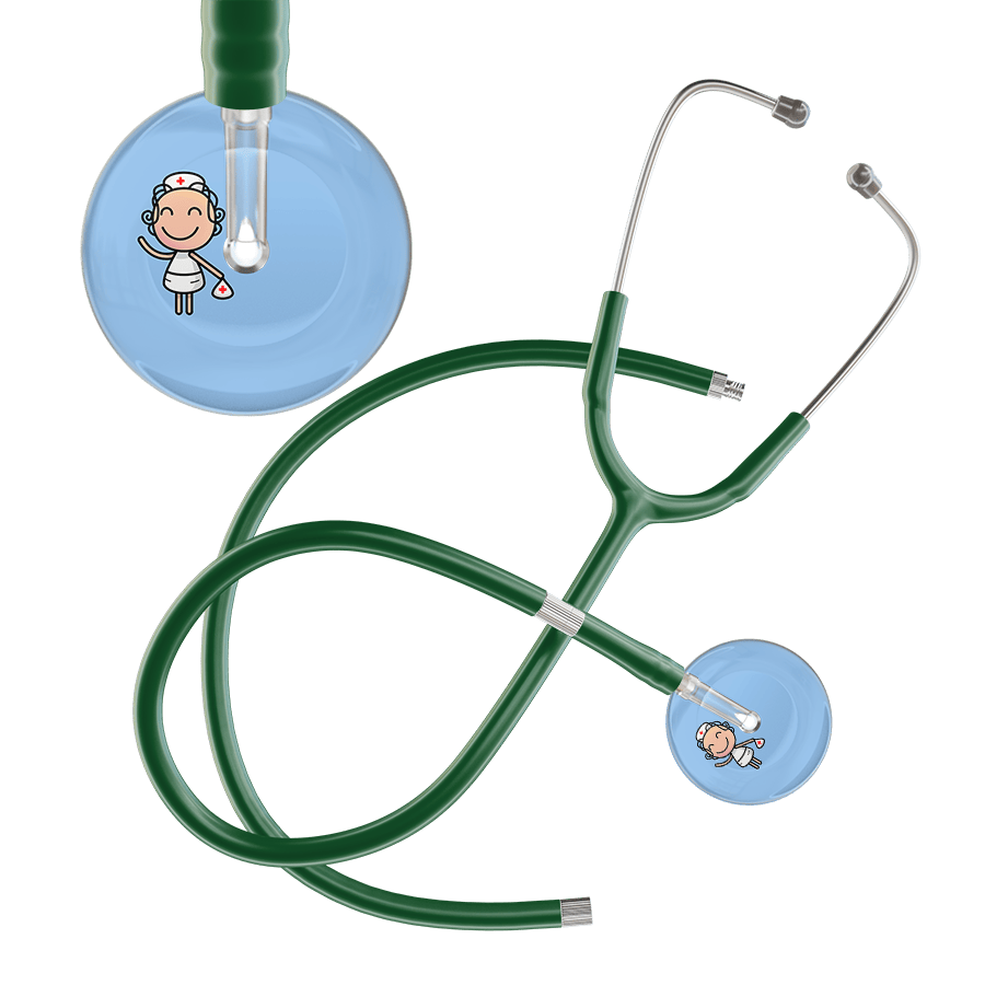 Ultrascope Single Stethoscope Light Blue F2 Cartoon Nurse / Adult / Dark Green Extended Tubing Cartoon Nurse F2 Skin Stethoscope