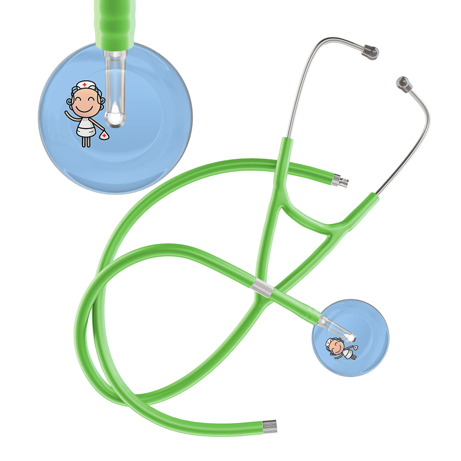 Ultrascope Single Stethoscope Light Blue F2 Cartoon Nurse / Adult / Lime Green Extended Tubing Cartoon Nurse F2 Skin Cardiology Stethoscope