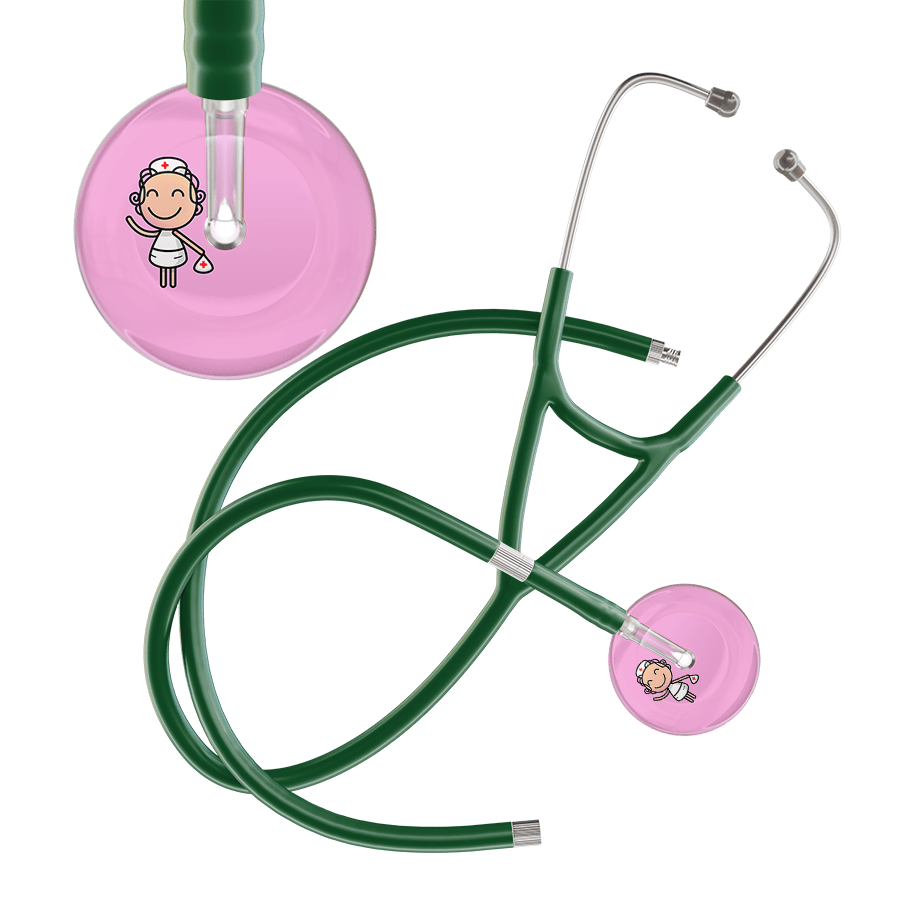 Ultrascope Single Stethoscope Light Pink F2 Cartoon Nurse / Adult / Dark Green Extended Tubing Cartoon Nurse F2 Skin Cardiology Stethoscope