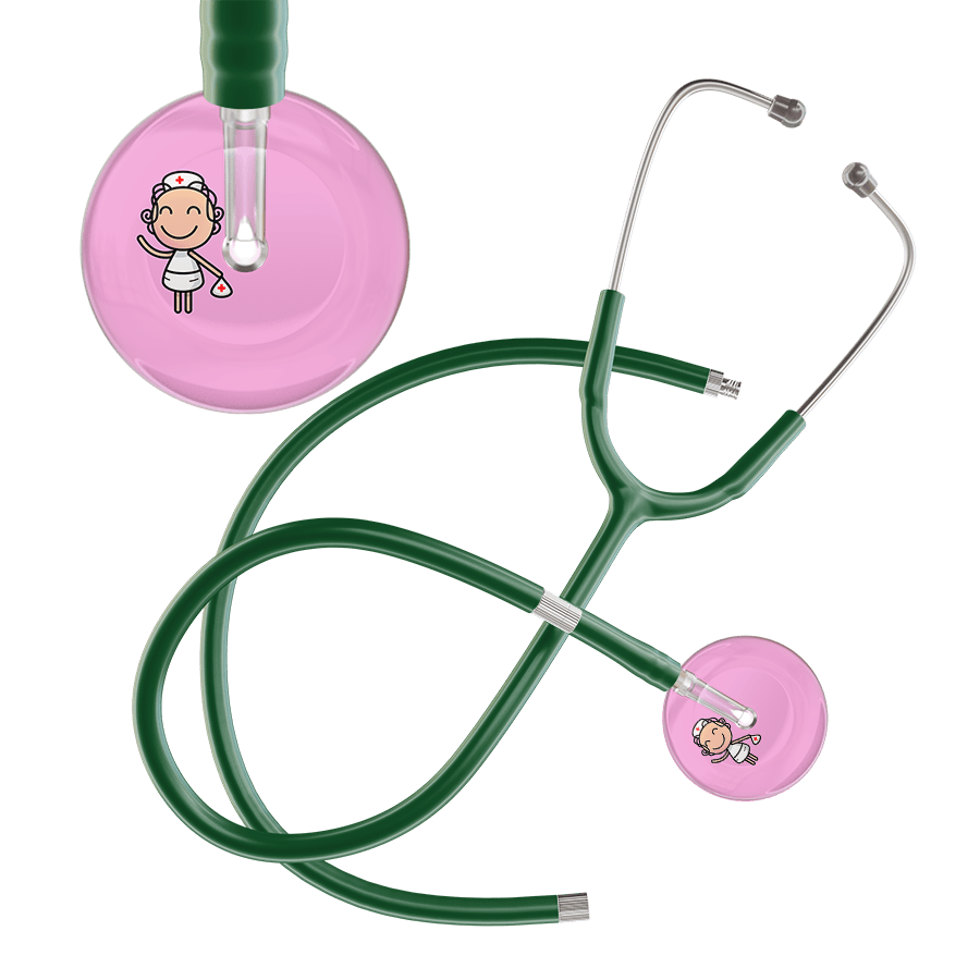 Ultrascope Single Stethoscope Light Pink F2 Cartoon Nurse / Adult / Dark Green Extended Tubing Cartoon Nurse F2 Skin Stethoscope