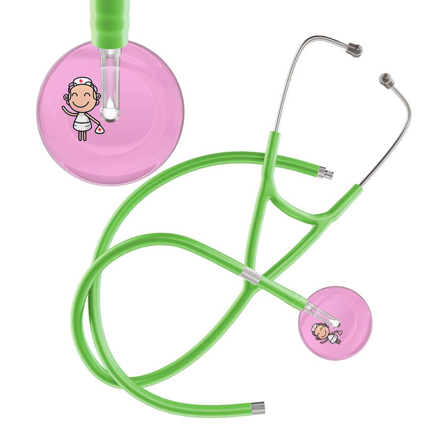 Ultrascope Single Stethoscope Light Pink F2 Cartoon Nurse / Adult / Lime Green Extended Tubing Cartoon Nurse F2 Skin Cardiology Stethoscope