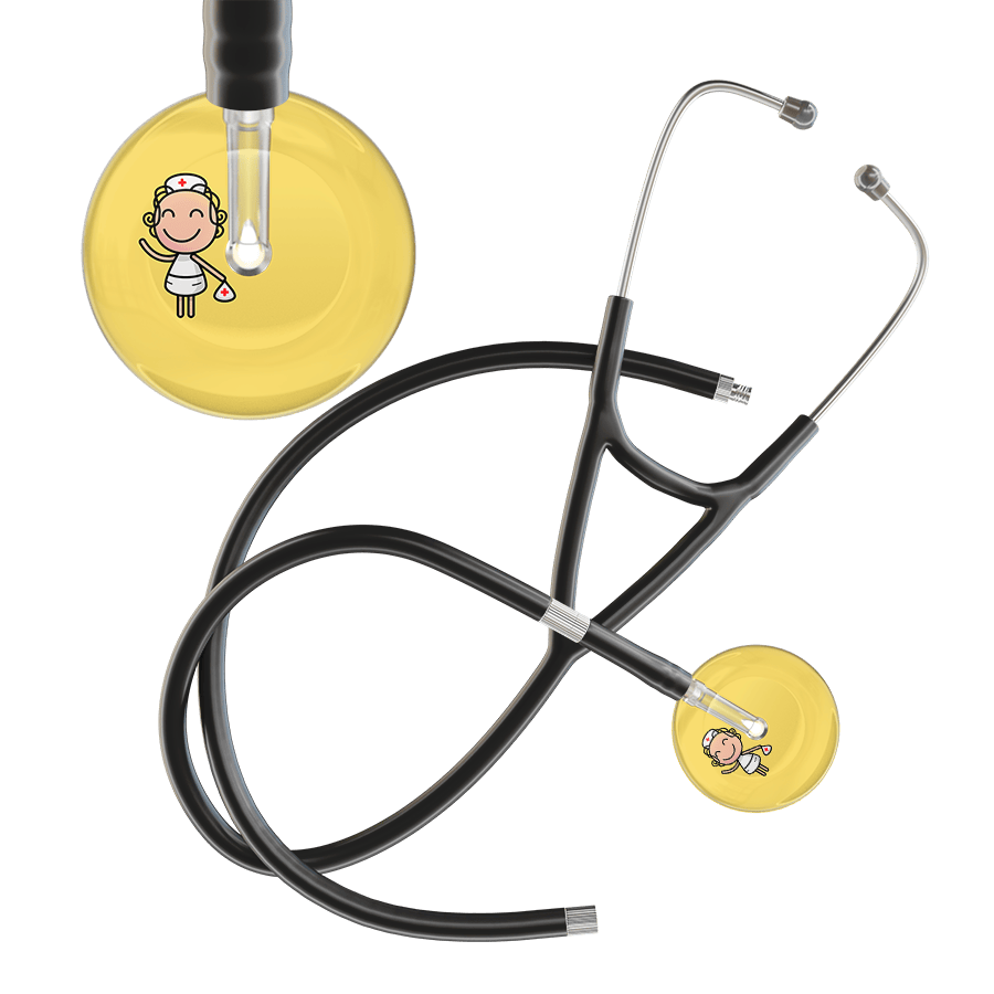 Ultrascope Single Stethoscope Light Yellow F2 Cartoon Nurse / Adult / Black Extended Tubing Cartoon Nurse F2 Skin Cardiology Stethoscope