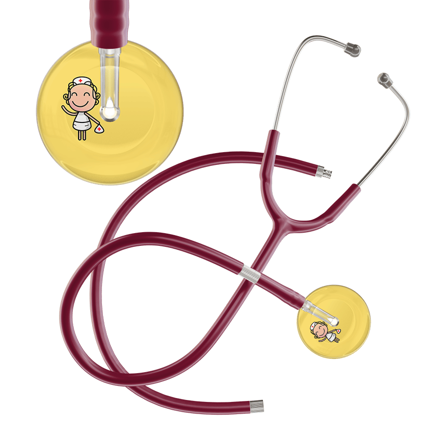 Ultrascope Single Stethoscope Light Yellow F2 Cartoon Nurse / Pediatric / Burgundy Extended Tubing Cartoon Nurse F2 Skin Stethoscope