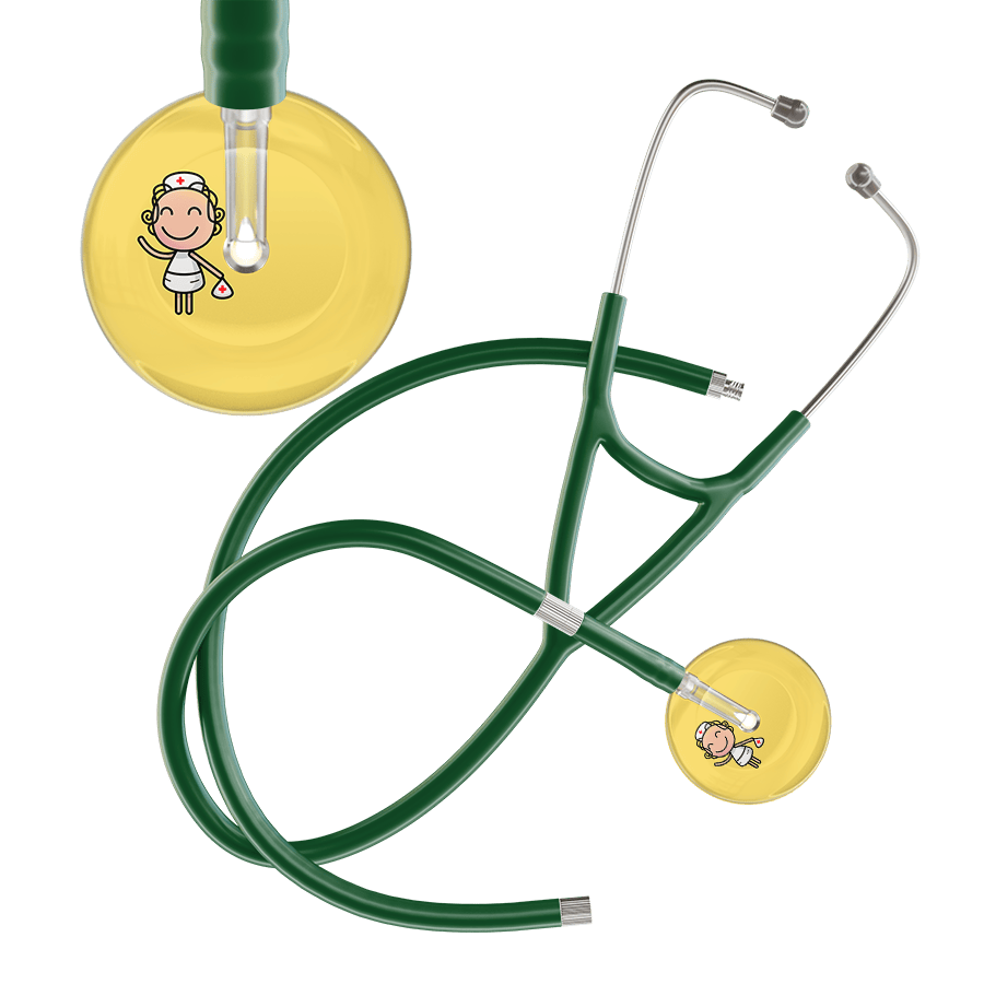 Ultrascope Single Stethoscope Light Yellow F2 Cartoon Nurse / Adult / Dark Green Extended Tubing Cartoon Nurse F2 Skin Cardiology Stethoscope