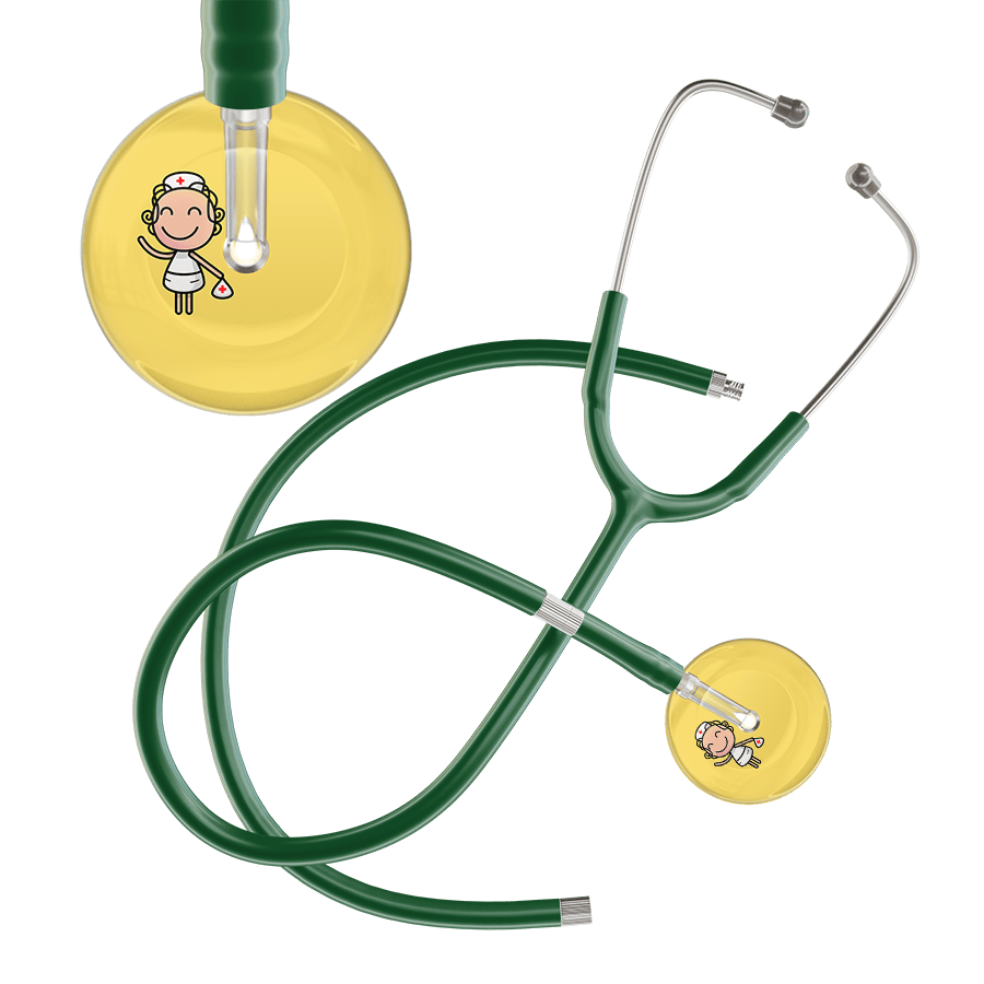 Ultrascope Single Stethoscope Light Yellow F2 Cartoon Nurse / Adult / Dark Green Extended Tubing Cartoon Nurse F2 Skin Stethoscope
