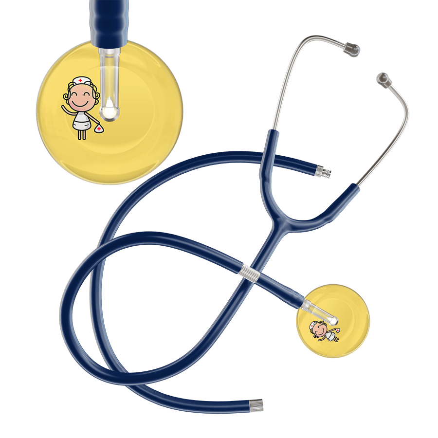 Ultrascope Single Stethoscope Light Yellow F2 Cartoon Nurse / Pediatric / Navy Extended Tubing Cartoon Nurse F2 Skin Stethoscope
