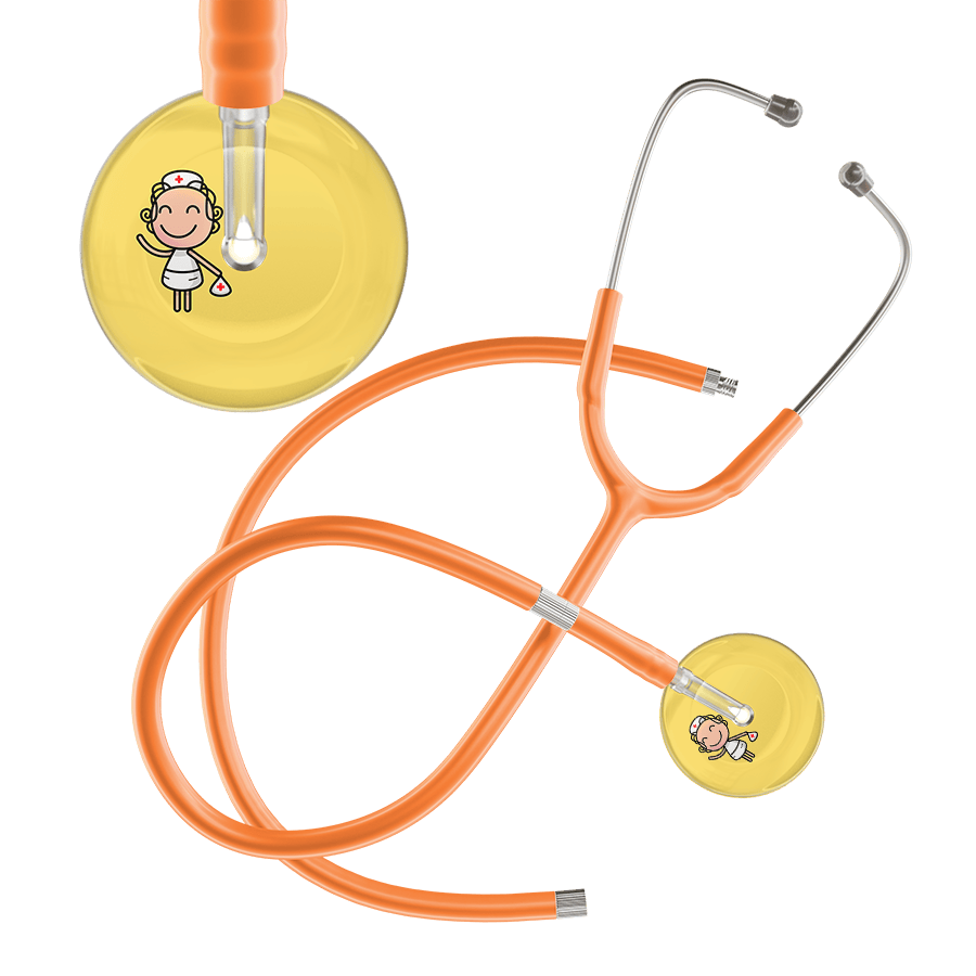 Ultrascope Single Stethoscope Light Yellow F2 Cartoon Nurse / Pediatric / Orange Extended Tubing Cartoon Nurse F2 Skin Stethoscope