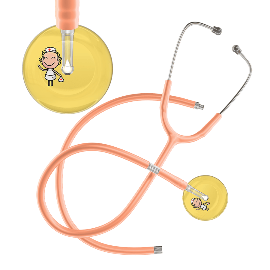 Ultrascope Single Stethoscope Light Yellow F2 Cartoon Nurse / Pediatric / Peach Extended Tubing Cartoon Nurse F2 Skin Stethoscope