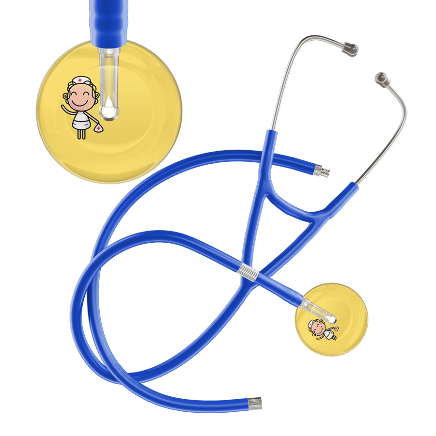 Ultrascope Single Stethoscope Light Yellow F2 Cartoon Nurse / Adult / Royal Blue Extended Tubing Cartoon Nurse F2 Skin Cardiology Stethoscope