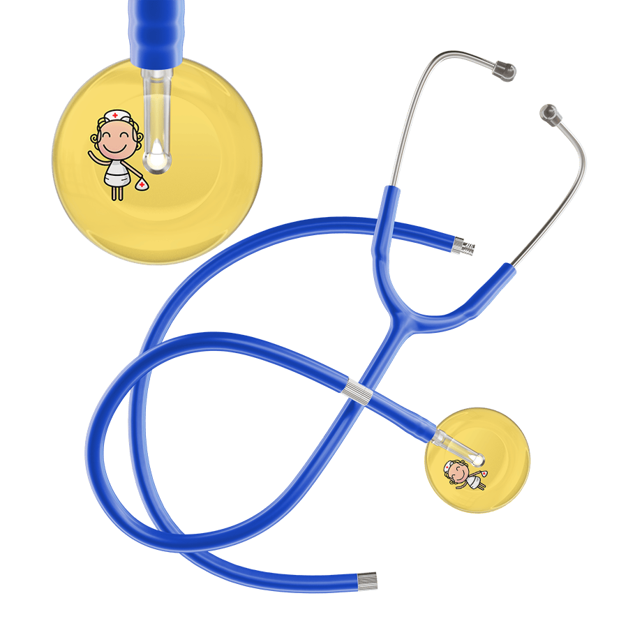 Ultrascope Single Stethoscope Light Yellow F2 Cartoon Nurse / Adult / Royal Blue Extended Tubing Cartoon Nurse F2 Skin Stethoscope
