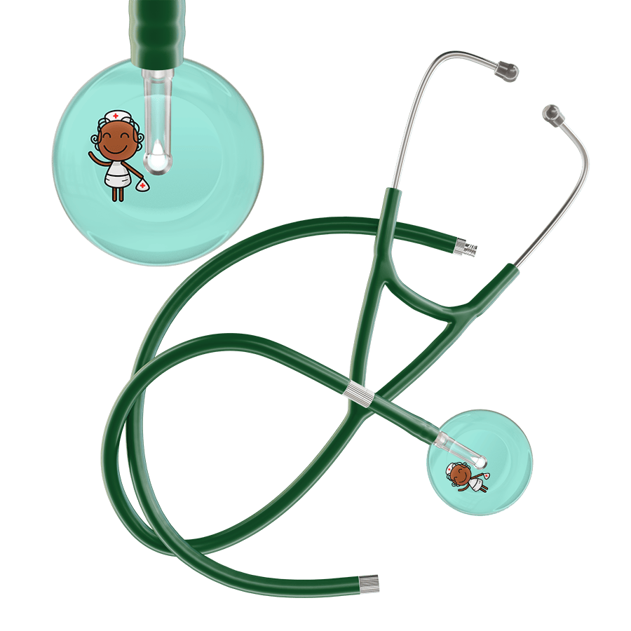 Ultrascope Single Stethoscope Robin's Egg F4 Cartoon Nurse / Adult / Dark Green Extended Tubing Cartoon Nurse F4 Skin Cardiology Stethoscope