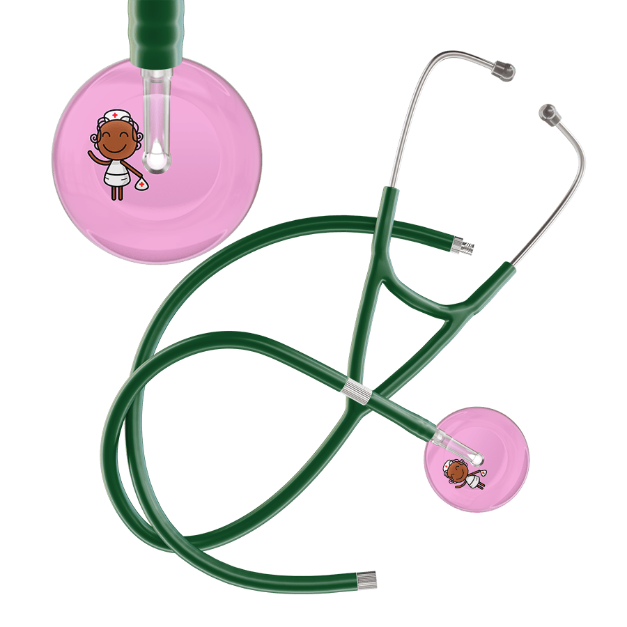 Ultrascope Single Stethoscope Light Pink F4 Cartoon Nurse / Adult / Dark Green Extended Tubing Cartoon Nurse F4 Skin Cardiology Stethoscope