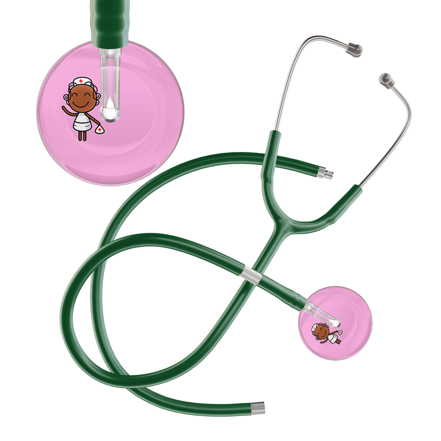 Ultrascope Single Stethoscope Light Pink F4 Cartoon Nurse / Adult / Dark Green Extended Tubing Cartoon Nurse F4 Skin Stethoscope