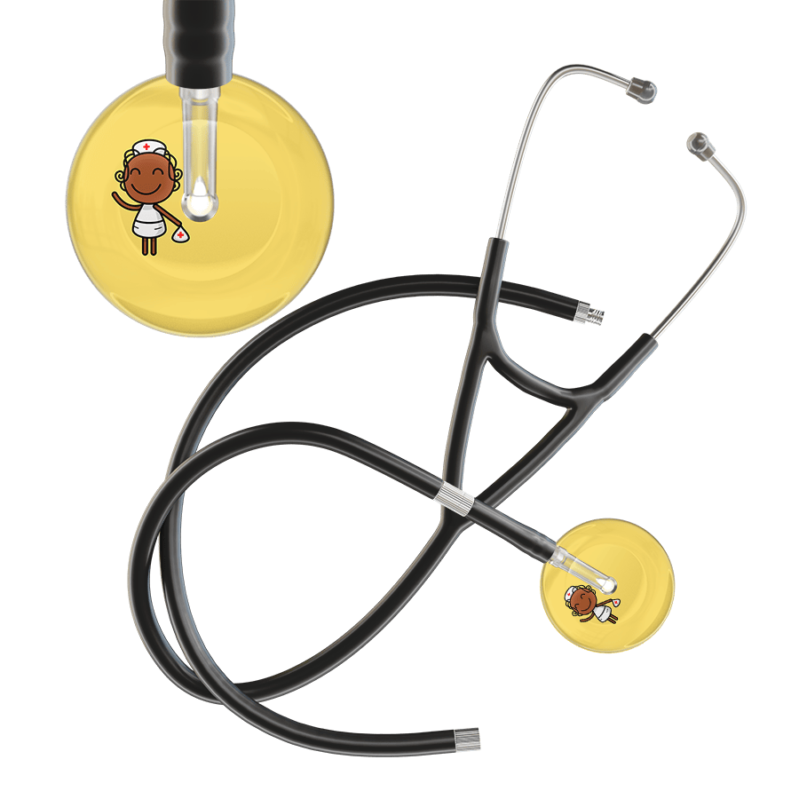 Ultrascope Single Stethoscope Light Yellow F4 Cartoon Nurse / Adult / Black Extended Tubing Cartoon Nurse F4 Skin Cardiology Stethoscope