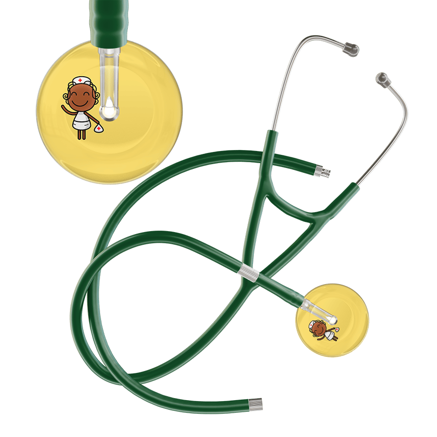 Ultrascope Single Stethoscope Light Yellow F4 Cartoon Nurse / Adult / Dark Green Extended Tubing Cartoon Nurse F4 Skin Cardiology Stethoscope