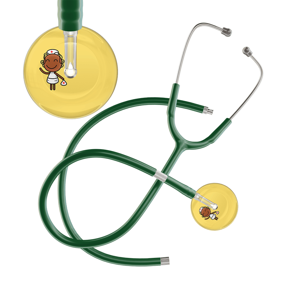 Ultrascope Single Stethoscope Light Yellow F4 Cartoon Nurse / Adult / Dark Green Extended Tubing Cartoon Nurse F4 Skin Stethoscope