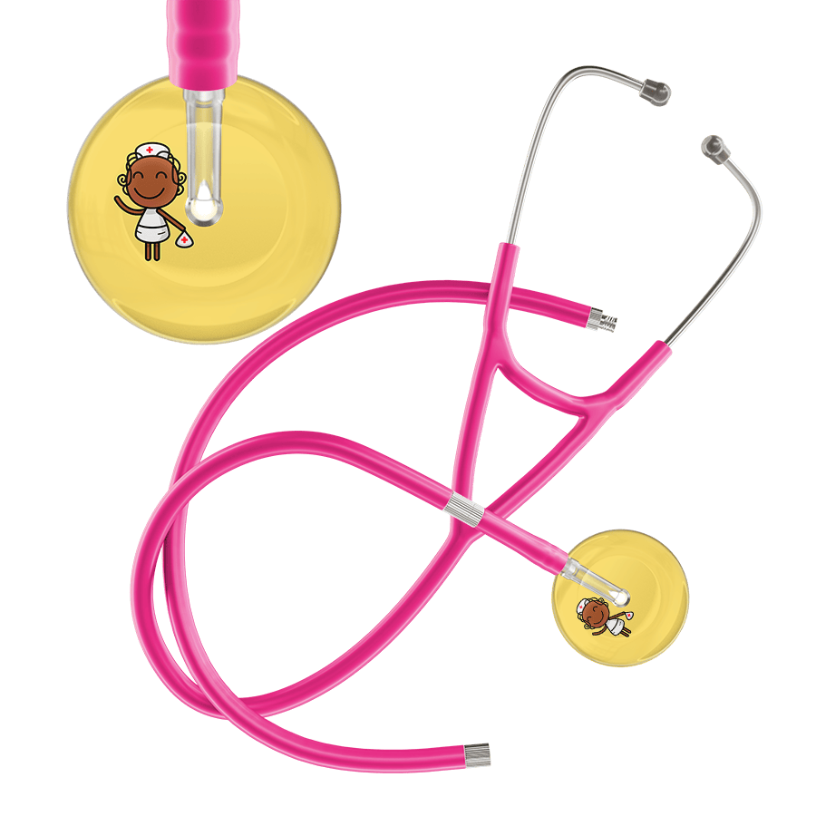 Ultrascope Single Stethoscope Light Yellow F4 Cartoon Nurse / Adult / Hot Pink Extended Tubing Cartoon Nurse F4 Skin Cardiology Stethoscope