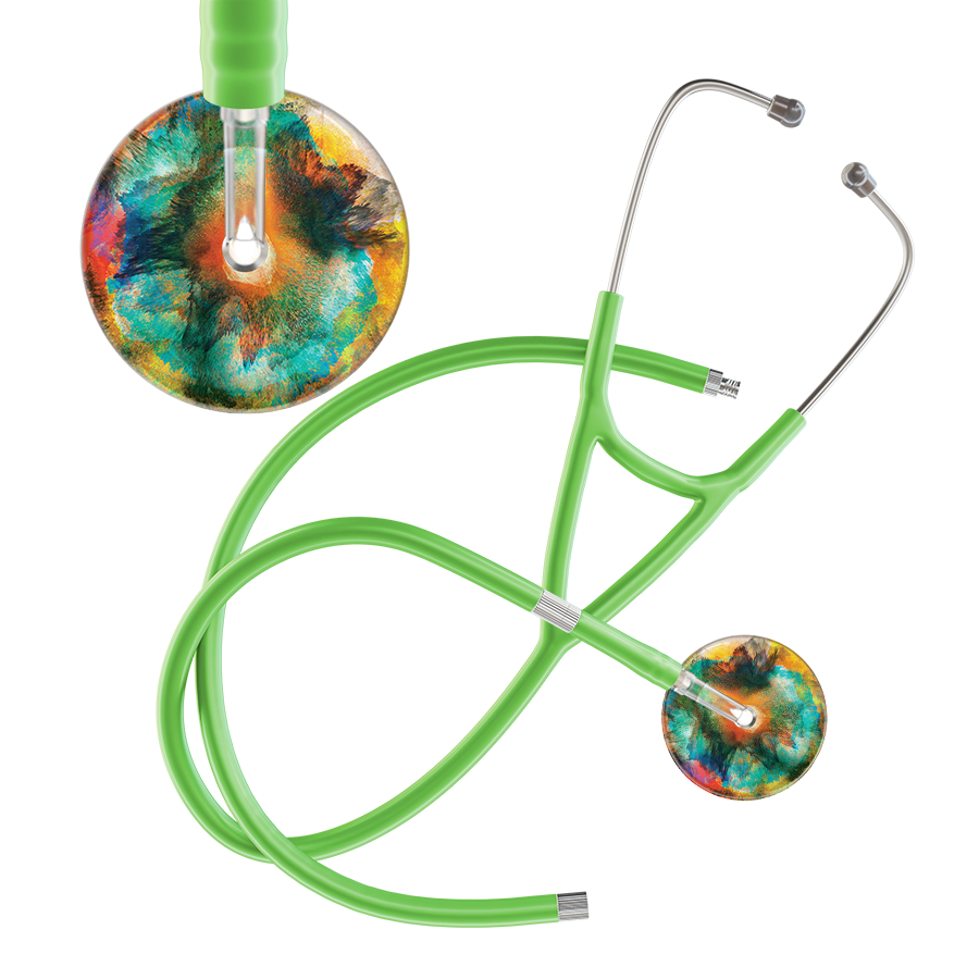 Ultrascope Single Stethoscope US076A1 / Pediatric / Lime Green Extended Tubing TieDye Multi Color Stethoscope - Cardiology Watercolor Designs