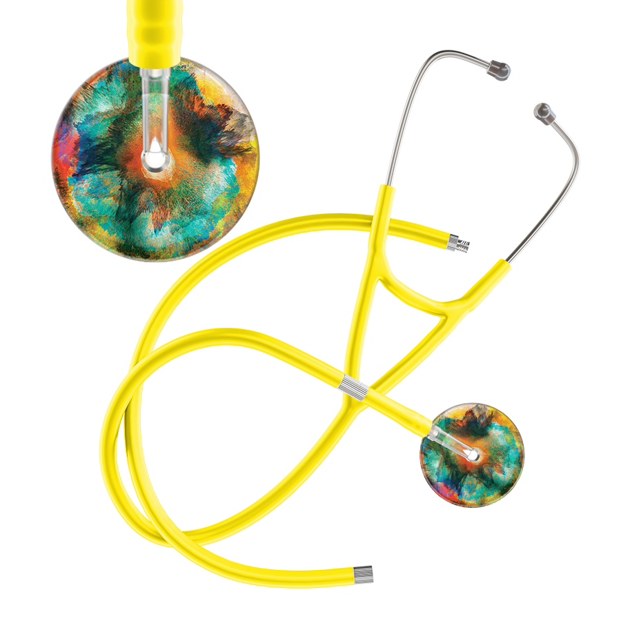 Ultrascope Single Stethoscope US076A1 / Pediatric / Yellow Extended Tubing TieDye Multi Color Stethoscope - Cardiology Watercolor Designs