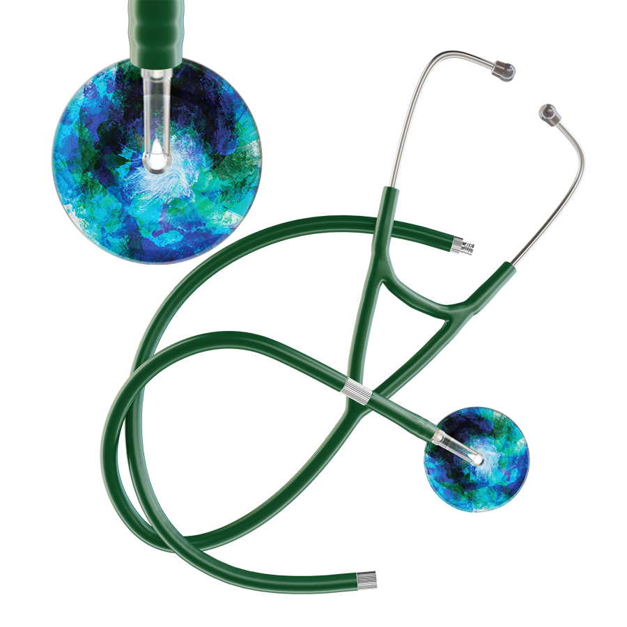 Ultrascope Single Stethoscope US076B2 / Pediatric / Dark Green Extended Tubing TieDye Multi Color Stethoscope - Cardiology Watercolor Designs