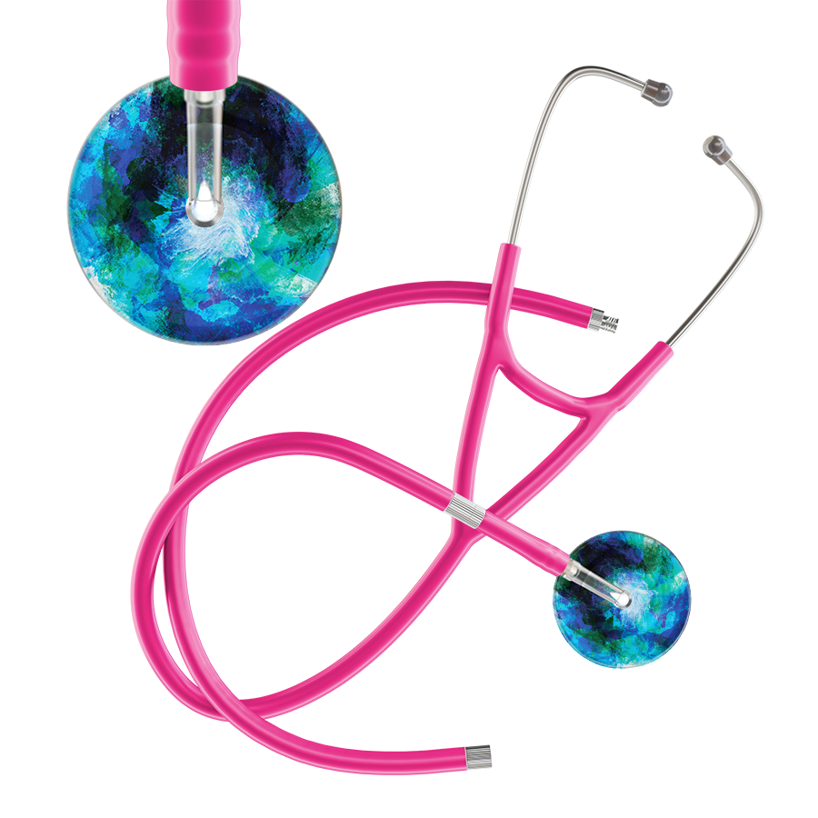 Ultrascope Single Stethoscope US076B2 / Adult / Hot Pink Extended Tubing TieDye Multi Color Stethoscope - Cardiology Watercolor Designs
