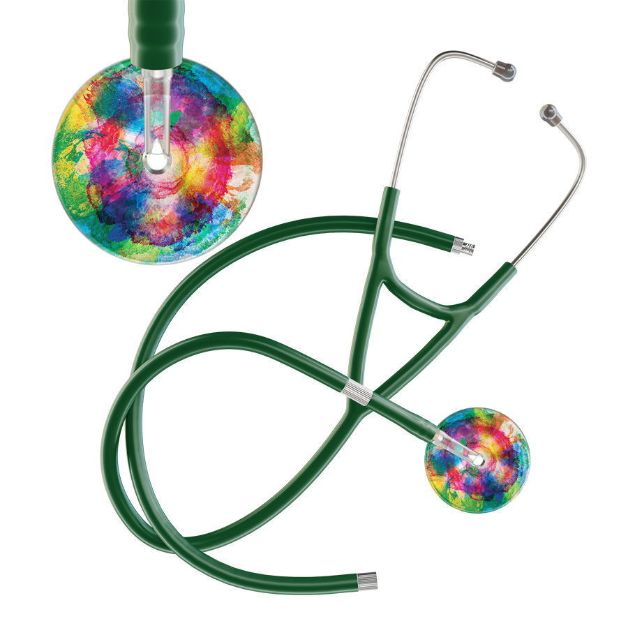 Ultrascope Single Stethoscope US076C3 / Adult / Dark Green Extended Tubing TieDye Multi Color Stethoscope - Cardiology Watercolor Designs