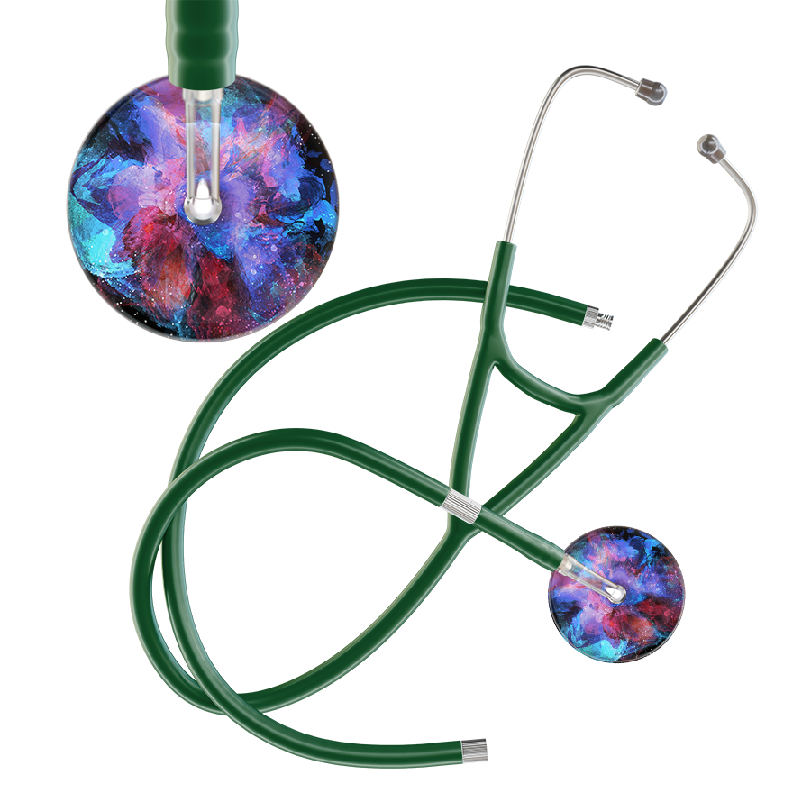 Ultrascope Single Stethoscope US076G7 / Pediatric / Dark Green Extended Tubing TieDye Multi Color Stethoscope - Cardiology Watercolor Designs