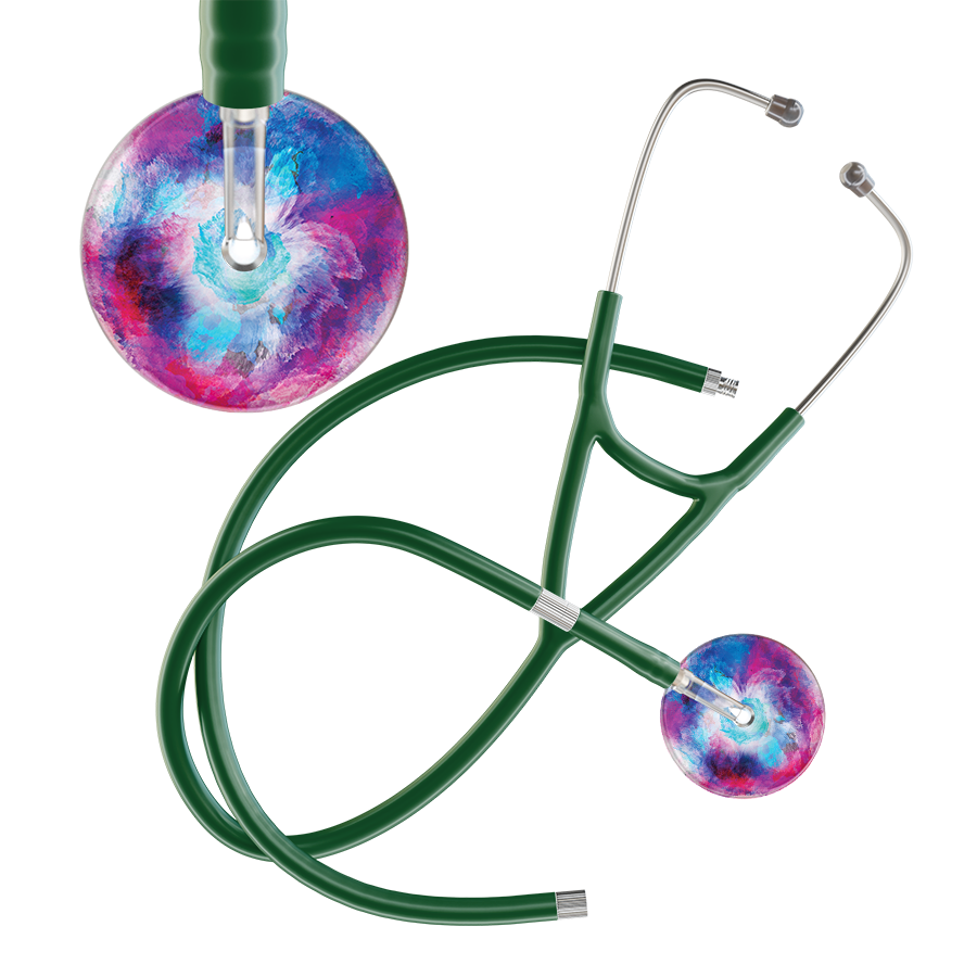 Ultrascope Single Stethoscope US076H8 / Adult / Dark Green Extended Tubing TieDye Multi Color Stethoscope - Cardiology Watercolor Designs