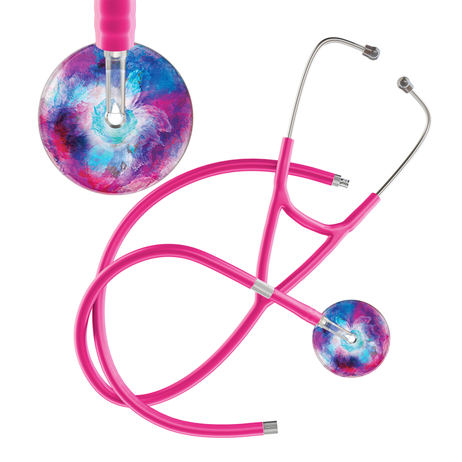 Ultrascope Single Stethoscope US076H8 / Pediatric / Hot Pink Extended Tubing TieDye Multi Color Stethoscope - Cardiology Watercolor Designs