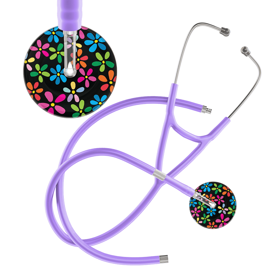 Ultrascope Single Stethoscope Black Flower Power / Adult / Lavender Extended Tubing Dark Flower Power Cardiology Stethoscope